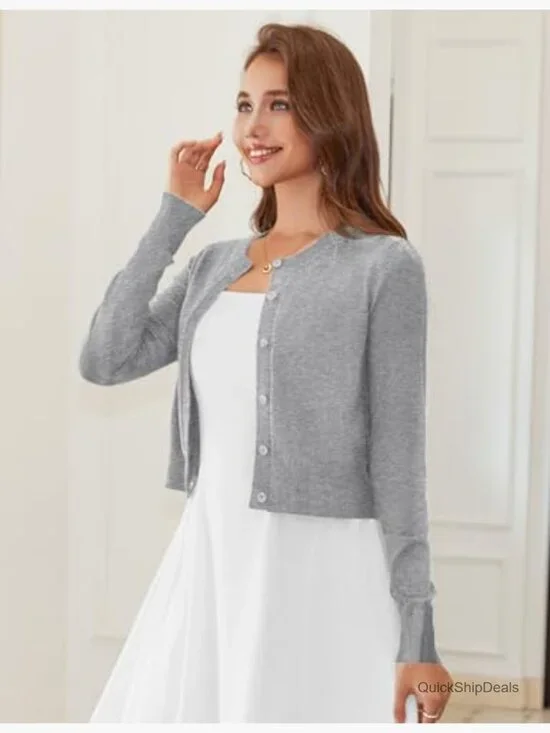 Cropped Cardigan Bolero Shrug, Button Down Long Sleeve Knit Sweater - Picture 6 of 7